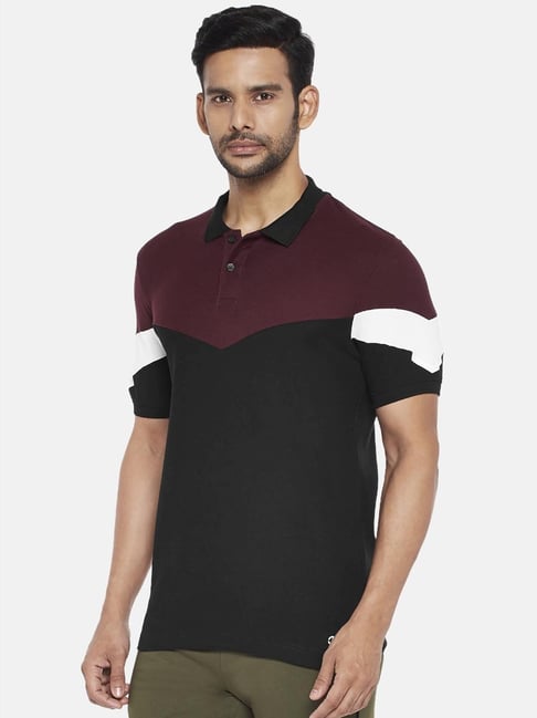 Ajile by Pantaloons Wine Black Cotton Slim Fit Colour Block Polo T Shirt