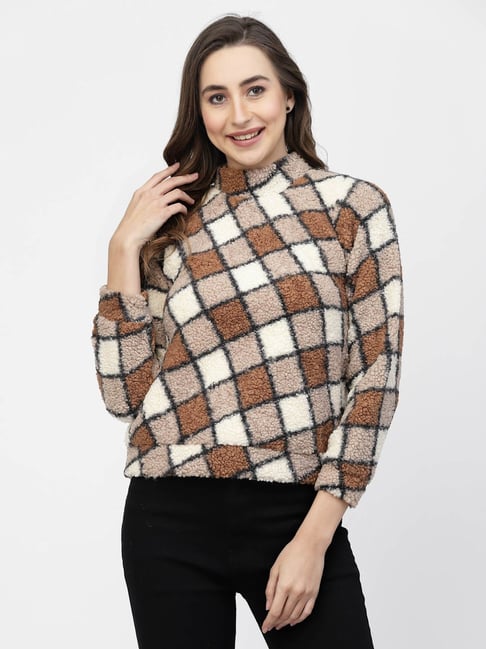 Women's Black Embellished Crew-neck Sweater, Black and White Plaid