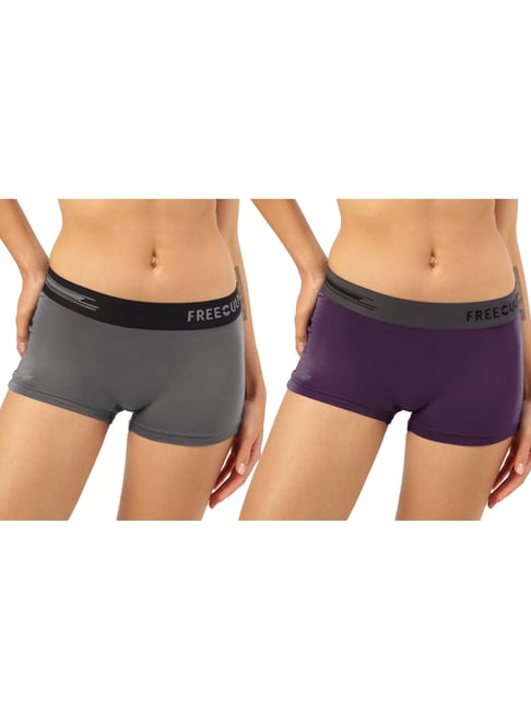 Freecultr Grey & Purple Plain Boy-Shorts Panties - Pack Of 2