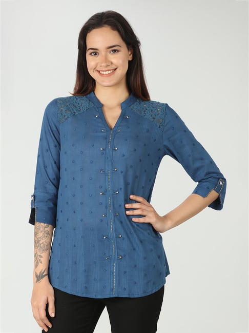 Mustard Blue Cotton Self Design Top