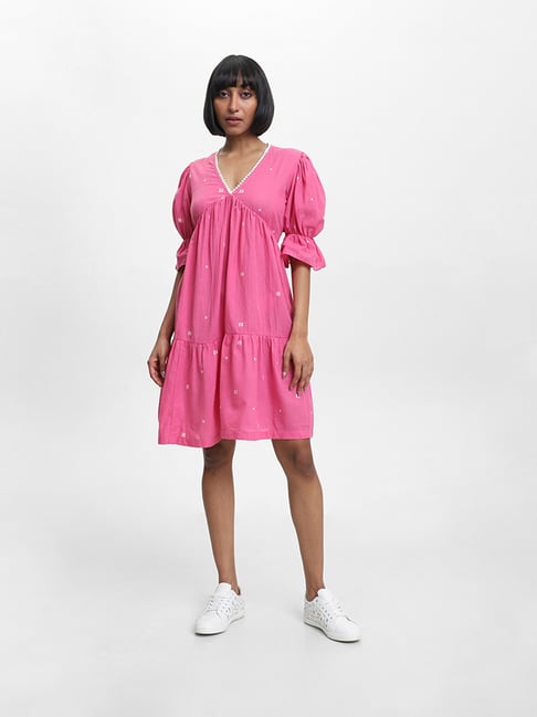 bombay paisley pink dress Buy Bombay Paisley Pink Floral Embroidered Cotton Tiered Dress from Westside