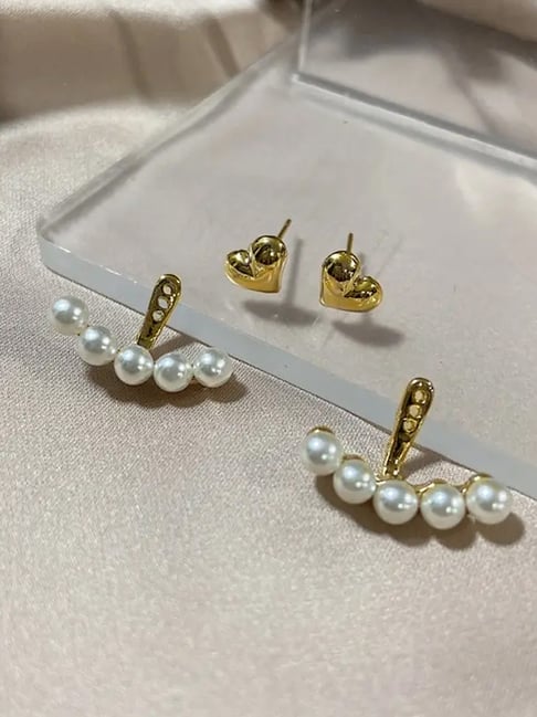 Buy OOMPH Gold Tone White Small Heart Ear Jacket Stud Earrings