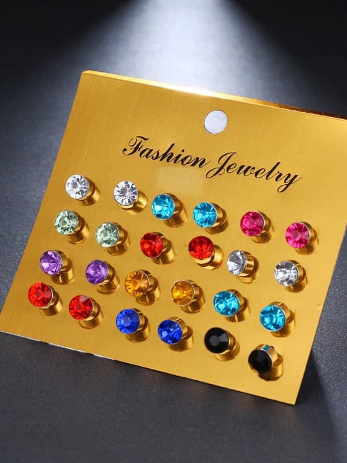 OOMPH Golden Tone Multicolor Solitaire Round Cubic Zirconia Stud Earrings for Women - Set of 12