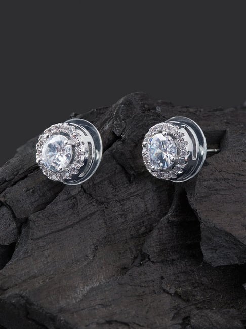 OOMPH Silver Tone Round Cubic Zirconia Solitaire Ear Office-Wear Fashion Stud Earrings for Women-picture-22
