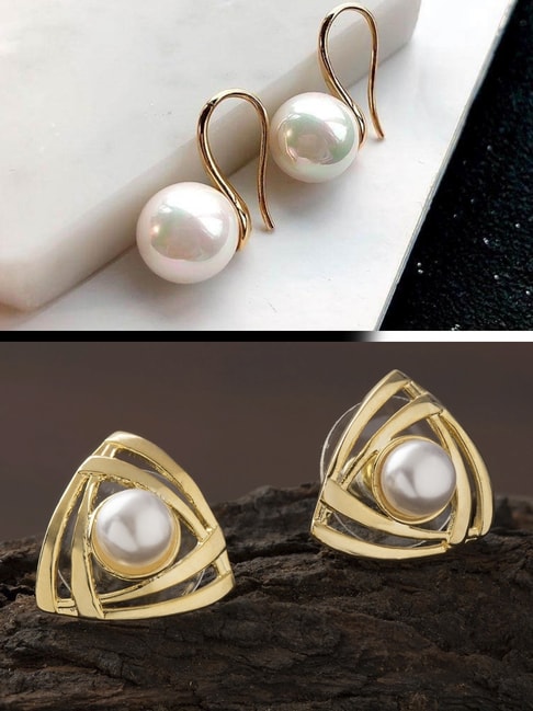 OOMPHelicious Jewellery Gold Tone White Pearl Geometric Delicate Small  Office-Wear Fashion Ear Stud Earrings For Women & Girls : Amazon.in: Fashion