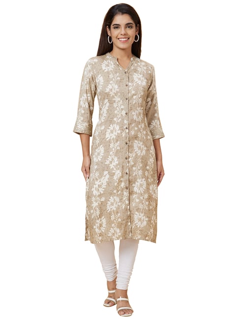 Globus Grey Floral Print Straight Kurta-picture-25