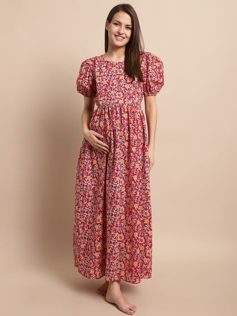 Secret Wish Red Cotton Floral Print Maternity Night Dress