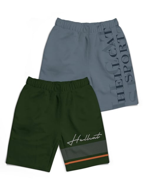 HELLCAT Kids Grey & Green Printed Shorts (Pack Of 2)-picture-12