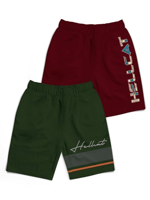 HELLCAT Kids Olive & Burgundy Printed Shorts (Pack Of 2)-picture-13