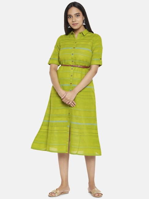 Akkriti by Pantaloons Lime Green Cotton Striped Shirt Dress