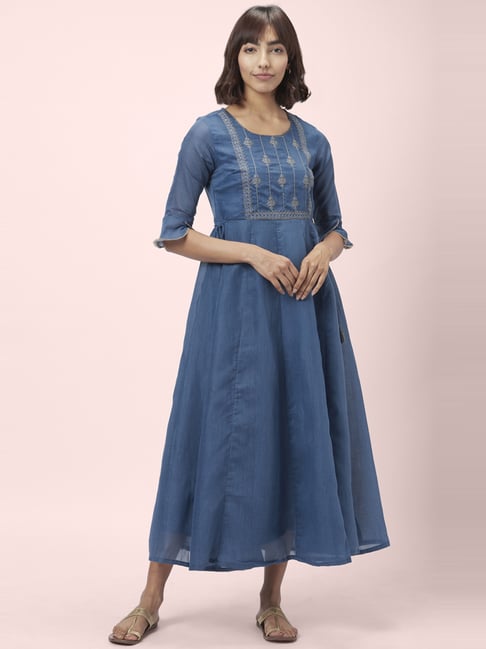 Rangmanch by Pantaloons Blue Embroidered A-Line Dress