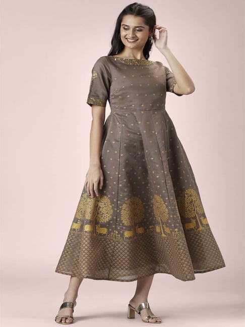 Rangmanch by Pantaloons Olive Green Cotton Floral Print A-Line Dress