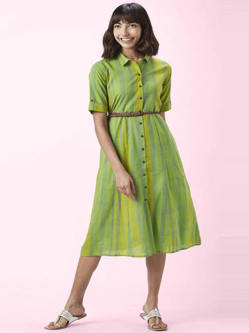 Akkriti by Pantaloons Lime Green Cotton Chequered Shirt Dress - Main Image