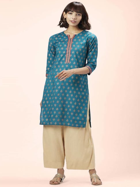 Rangmanch by Pantaloons Blue Cotton Printed Straight Kurta