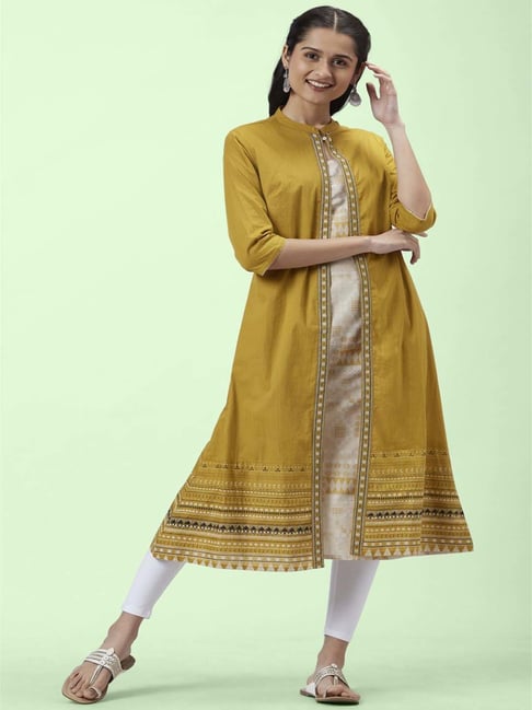 Rangmanch by Pantaloons Mustard Cotton Printed A Line Kurta