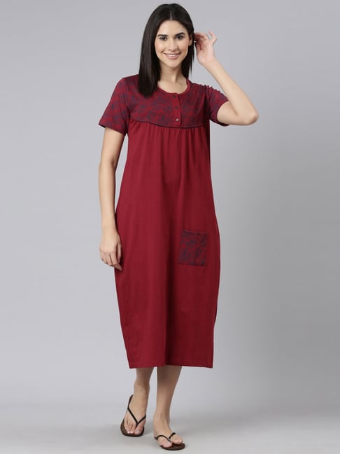 Kryptic Maroon Printed Pure Cotton Maxi Night Dress