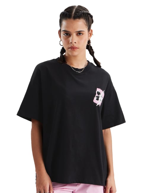 The Souled Store Black Cotton Graphic Print T-Shirt-picture-35