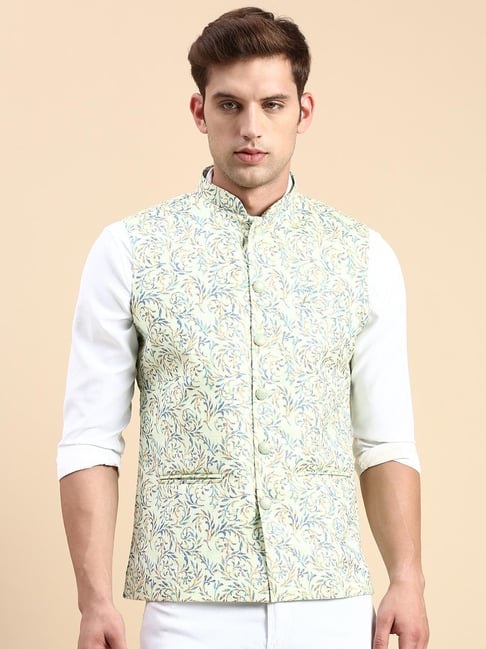 Digital Printed Poly Cotton Nehru Jacket in Off White : MUY767