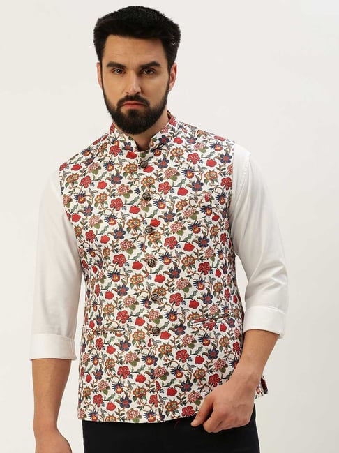 Red Floral Kalamkari Cotton Nehru Jacket – TJORI