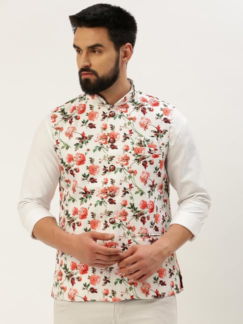 White printed hot sale nehru jacket