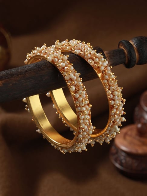 Buy Aatmana White Pearl Beaded Gold-Plated Bangles Online At