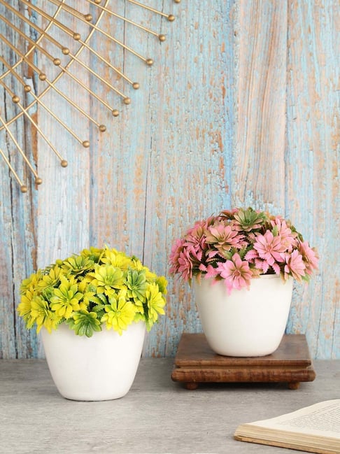 Foliyaj Multicolor Plastic Artificial Plants With Gerba Flowers - Set of 2