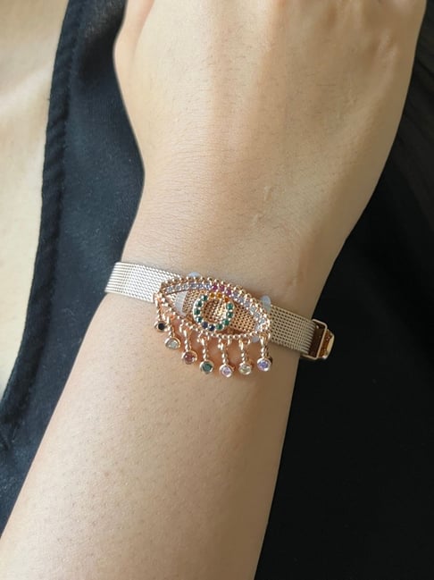 Johori Charm Rose Gold-Plated Evil Eye Mesh Strap Bracelet for Women-picture-12