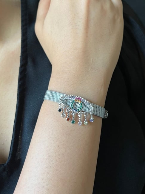 Johori Charm Silver-Plated Evil Eye Mesh Strap Bracelet for Women-picture-34