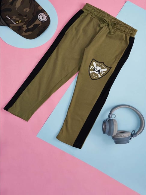 Pantaloons Junior Kids Olive Black Cotton Printed Trackpants