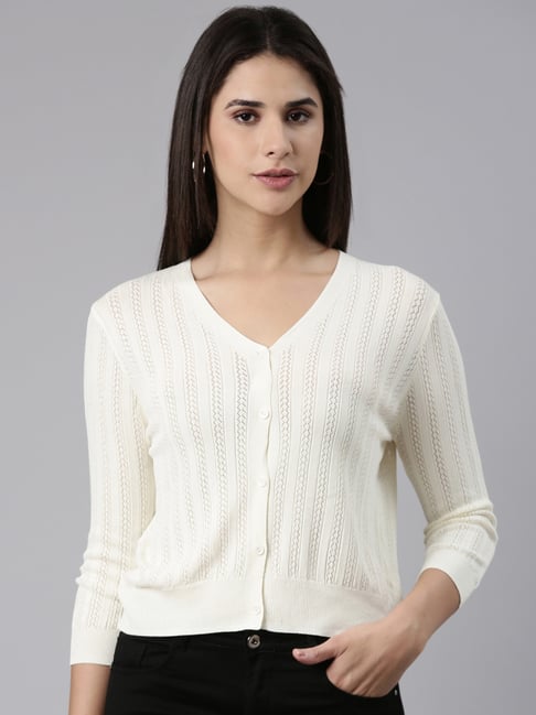 SHOWOFFFF Cream Self Pattern Cardigan