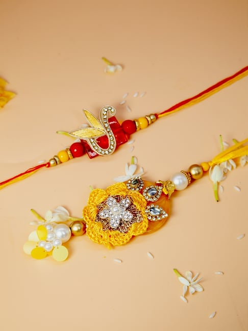 Fida Designer Handmade Orange Red Lumba Rakhi & Roli Chawal for Unisex - Set of 2