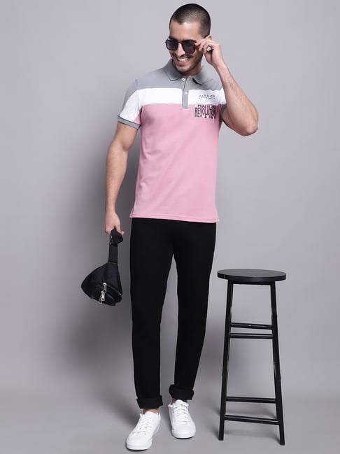 Cantabil Grey Pink Regular Fit Printed Polo T-Shirt