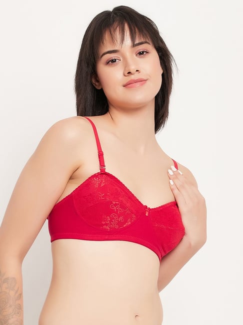 Clovia Red Cotton Self Pattern Full Coverage Bra