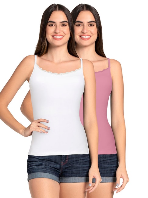 Buy Amante White & Pink Cotton Camisoles - Pack Of 2 for Women
