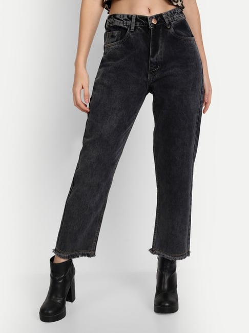 Angelfab Black Cotton Straight Fit High Rise Jeans