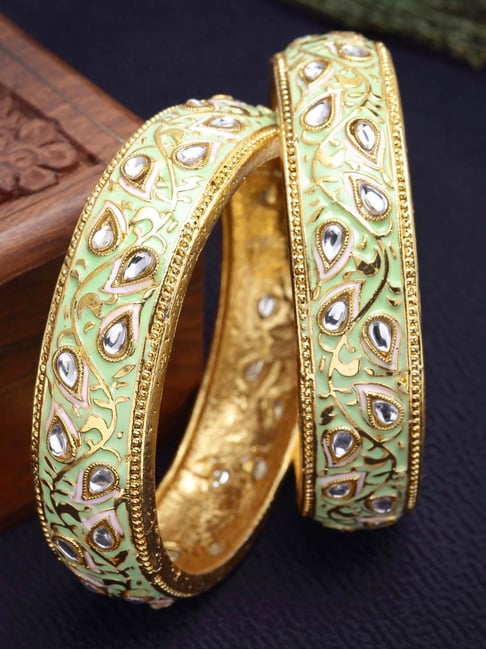 Karatcart Antique Light Green Meena Gold-Plated Bangles for Women - Set of 2-picture-37