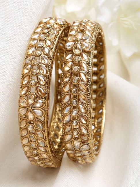 Karatcart Gold-Plated Leaf Design Golden Kundan Studded Bangles Set for Women - Set of 2-picture-11