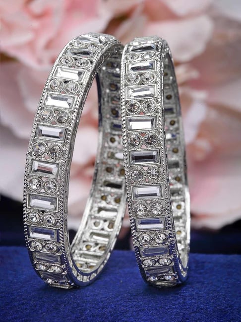 Karatcart Silver Plated Cubic Zirconia Studded Bangles for Women Set of