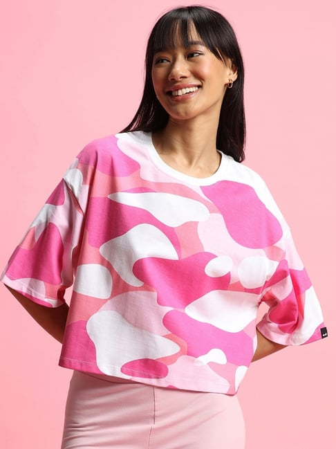 Bewakoof Women's Pink White Camo Printed Oversized Short Top