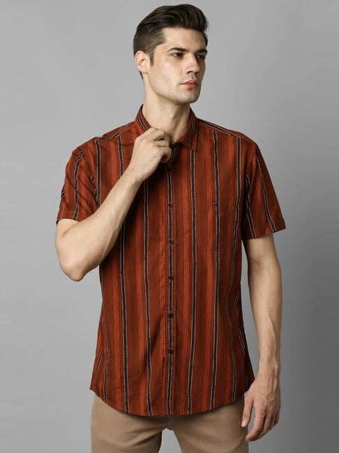 Louis Philippe Jeans Orange Cotton Regular Fit Checks Shirt