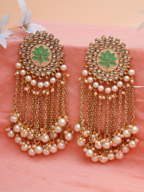 Karatcart Gold-Plated Light Green Meena Pearl Beads Kundan Tassel Dangler Earrings-picture-29