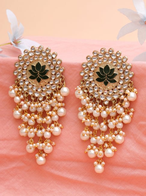 Karatcart Gold-Plated Green Meena Pearl Beads Kundan Dangler Earrings-picture-19