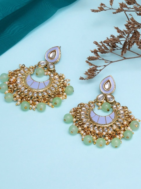Buy OOMPH Mint Green Beads and Kundan Large Chandbali Earrings Online