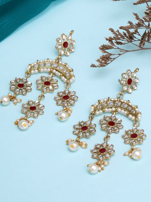 Karatcart Gold-Plated Floral Red Meena Kundan Dangler Earrings-picture-22