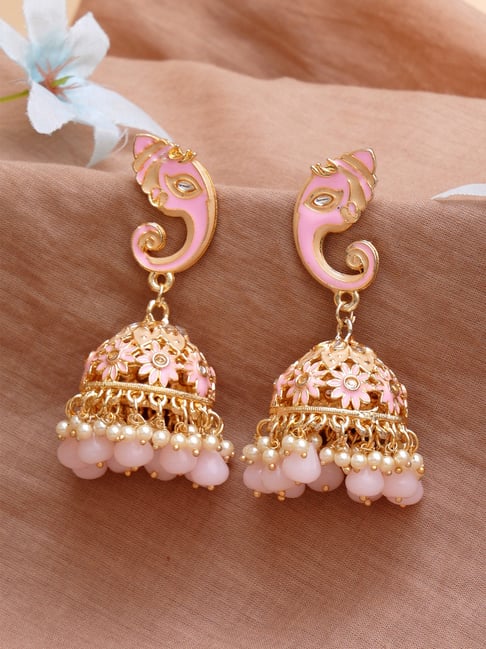 Buy Red Gold Plated Pearl Jhumka Earrings by SWABHIMANN JEWELLERY at Ogaan  Market Online Shopping Site