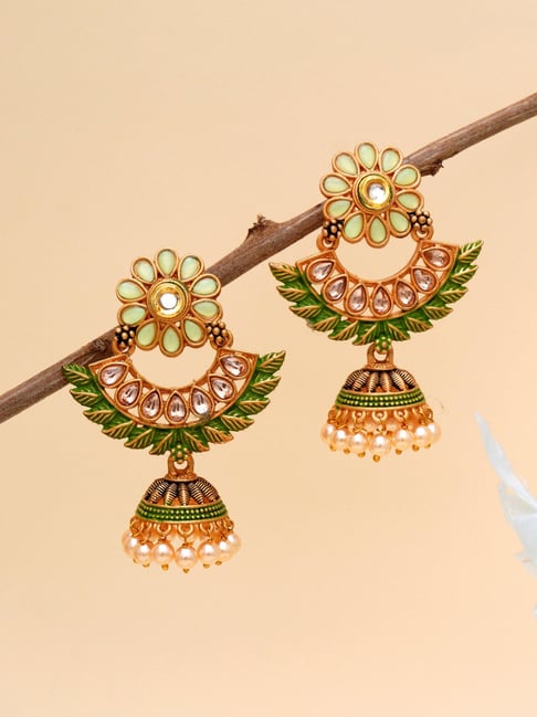Karatcart Gold-Plated Green Meena Floral Design Jhumki Earrings-picture-18
