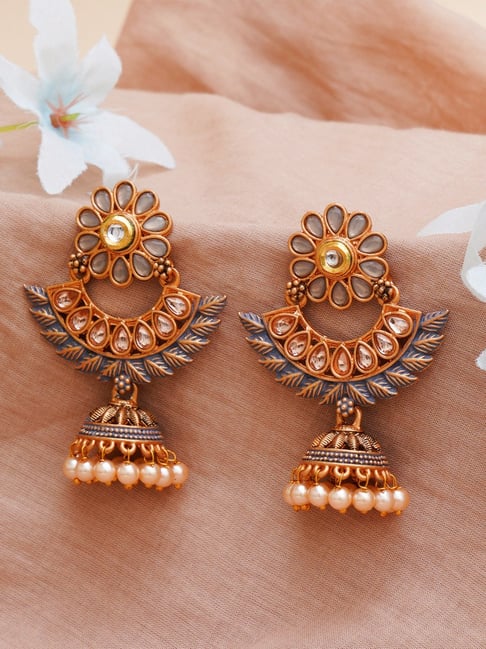 Karatcart Gold-Plated Grey Meena Floral Design Jhumki Earrings-picture-48