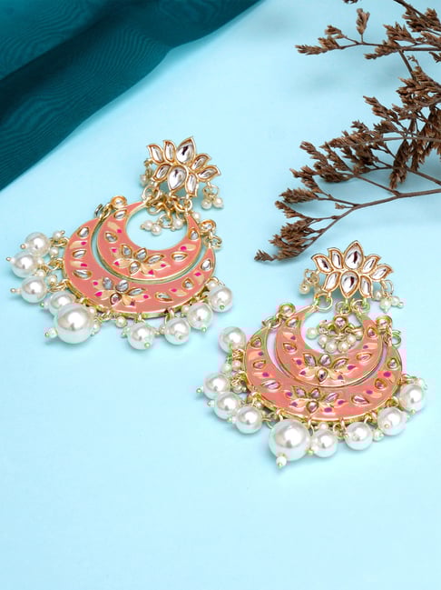 Buy Karatcart Pink Meena Lotus Design Pearl Chand Bali Earrings