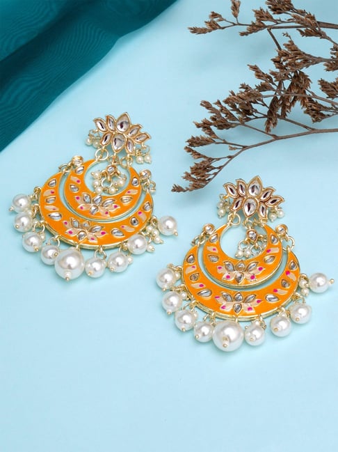 Karatcart Gold-Plated Yellow Meena Lotus Design Pearl Chand Bali Earrings-picture-14
