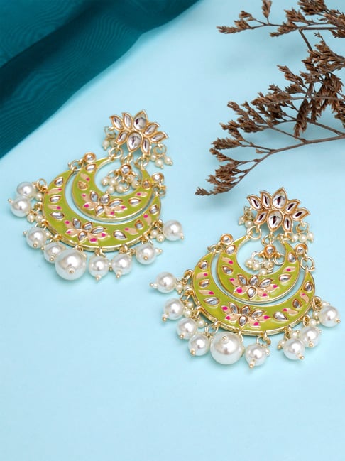 Karatcart Gold-Plated Light Green Meena Lotus Design Pearl Chand Bali Earrings-picture-26